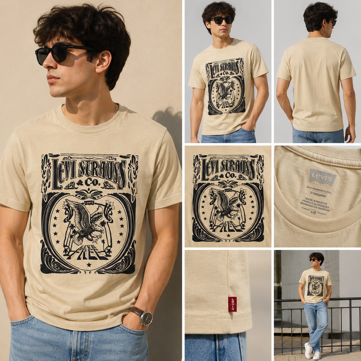Levi’s Graphic Beige T-Shirt – Premium Export Stock | Eagle Print Tee | Size L - Image 2